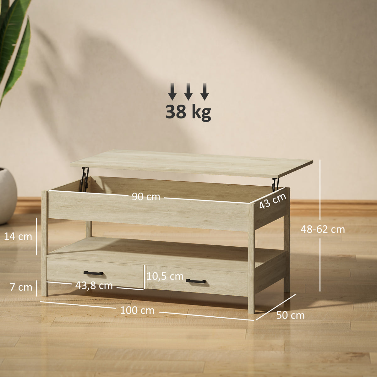 Table basse relevable, table basse avec tiroirs et compartiment caché pour salon, bureau à domicile, chêne-2