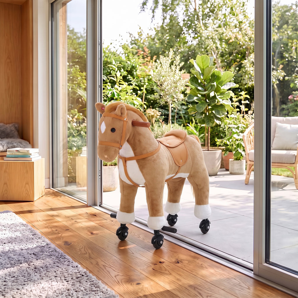Cheval à Monter pour Enfant sur Roulettes en Peluche, Musique, Effet Sonore, Pédale, Poignée, 73x40x66cm, Marron-9