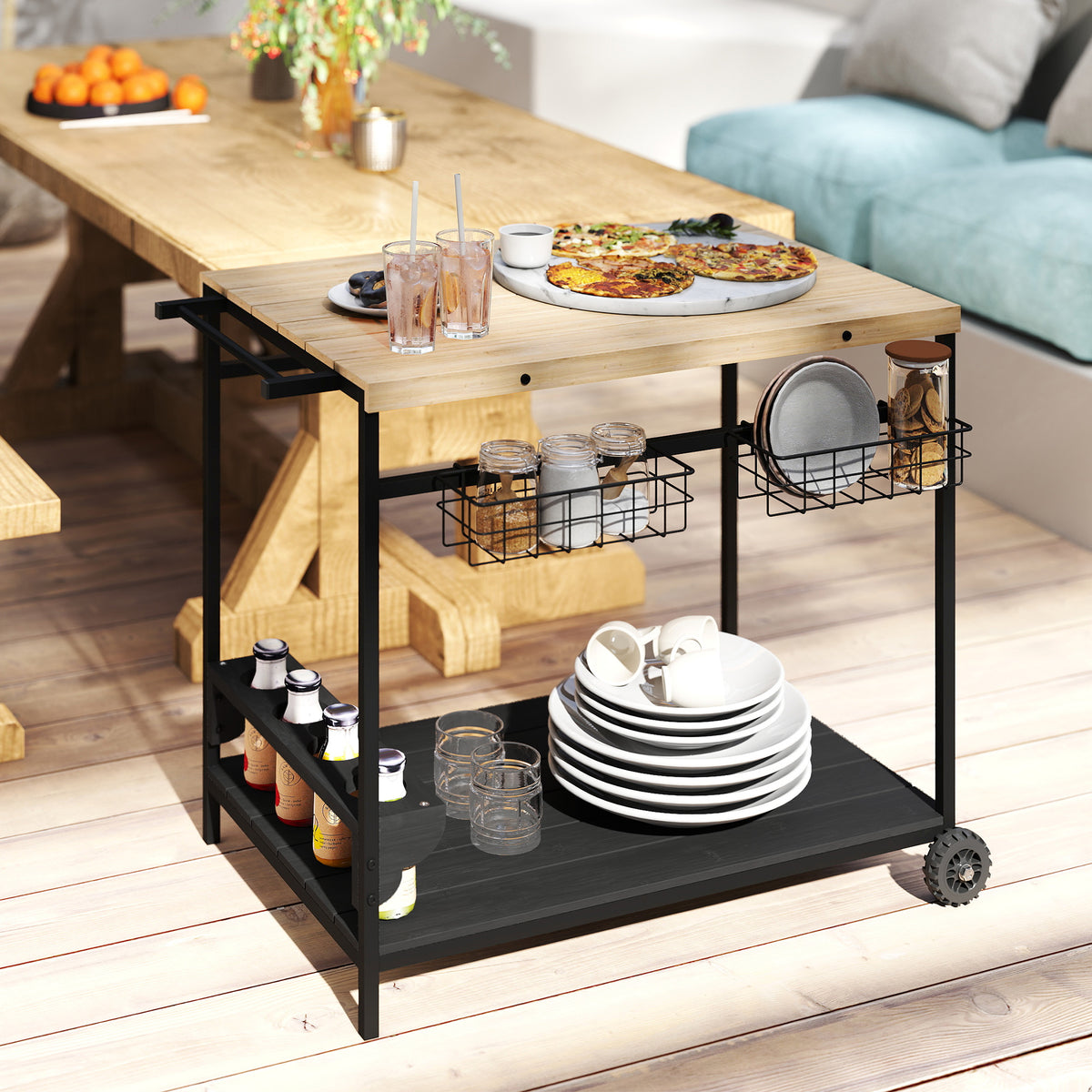 Desserte de jardin chariot pour plancha barbecue en bois et métal avec poignée 2 plateaux 2 paniers et porte-bouteilles-1