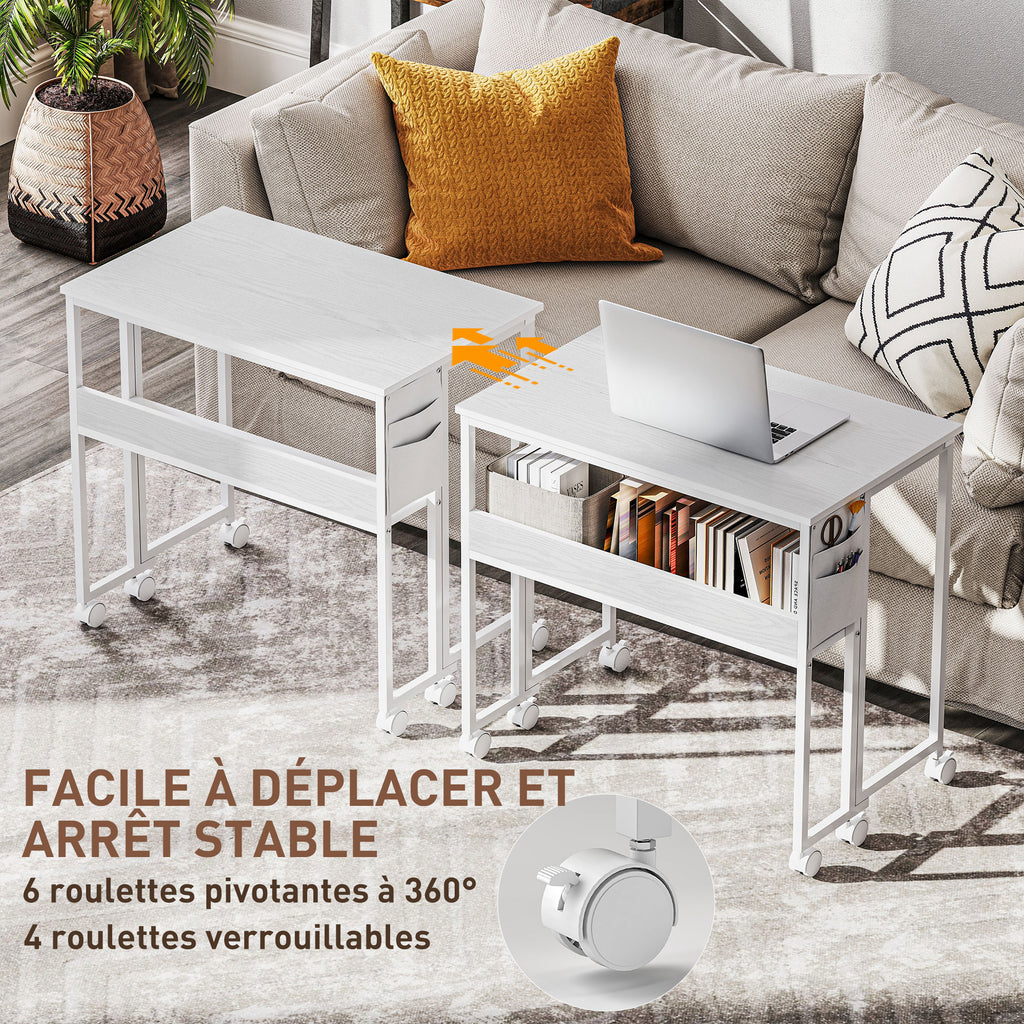 Bureau pliable sur roulettes 80 x 50 cm avec étagère et sac de rangement, blanc-5