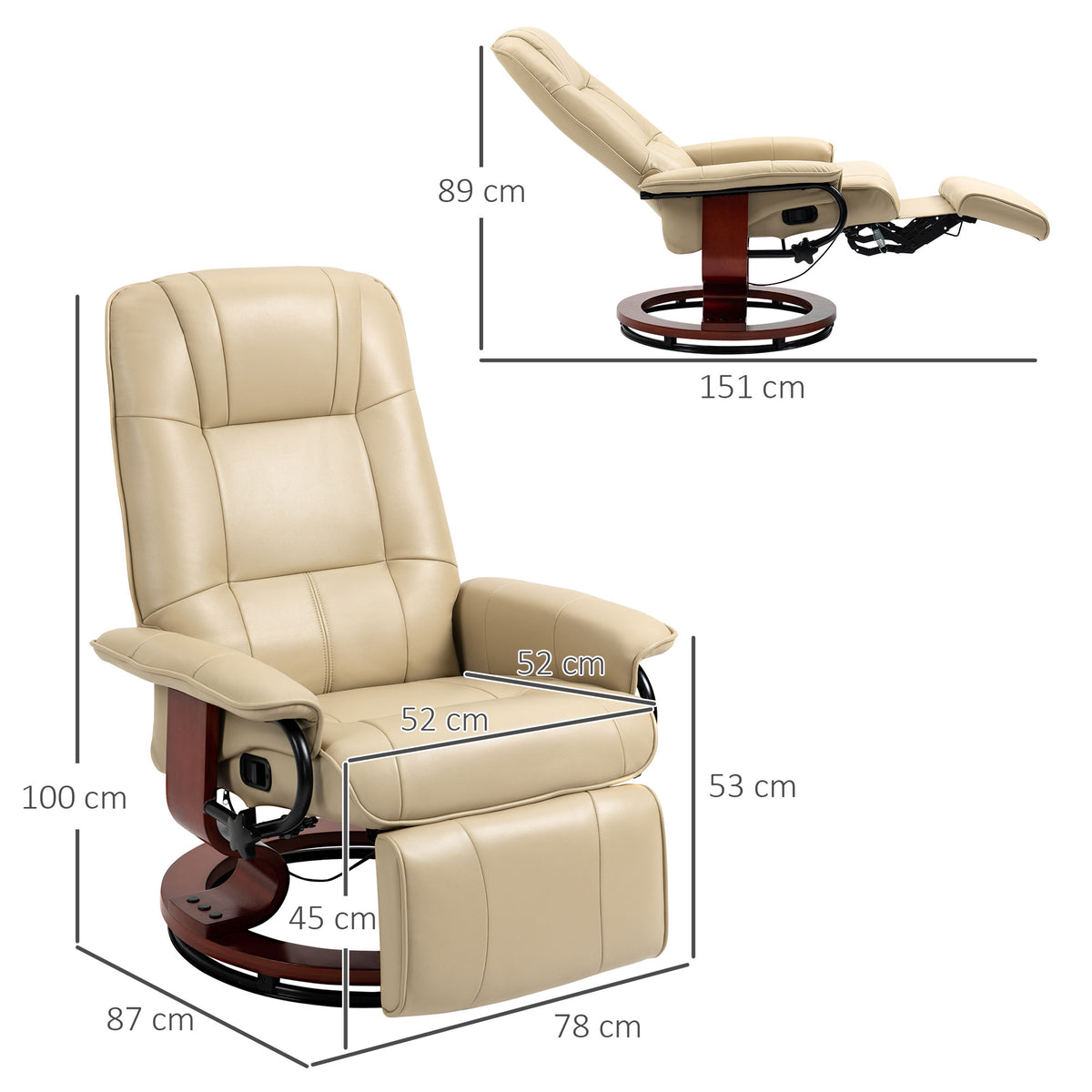 Fauteuil relax inclinable repose-pieds réglable pivotant 360° piètement bois revêtement PU respirant et doux crème-2