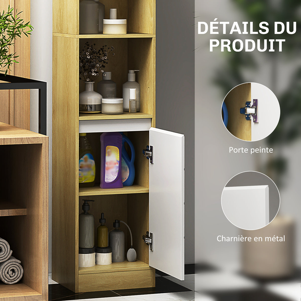 Meuble colonne rangement salle de bain style cosy 30 x 24 x 170 cm 2 portes étagère 2 niches chêne clair blanc-4
