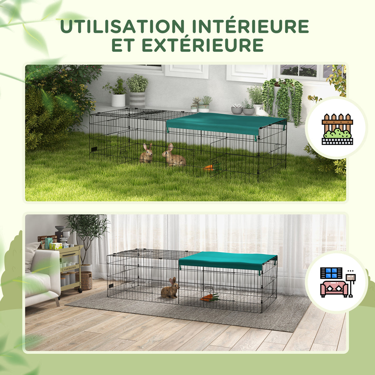 Parc enclos modulable acier avec bache pour lapins rongeurs petits animaux intérieur extérieur 185L x 75l x 50H cm vert-4