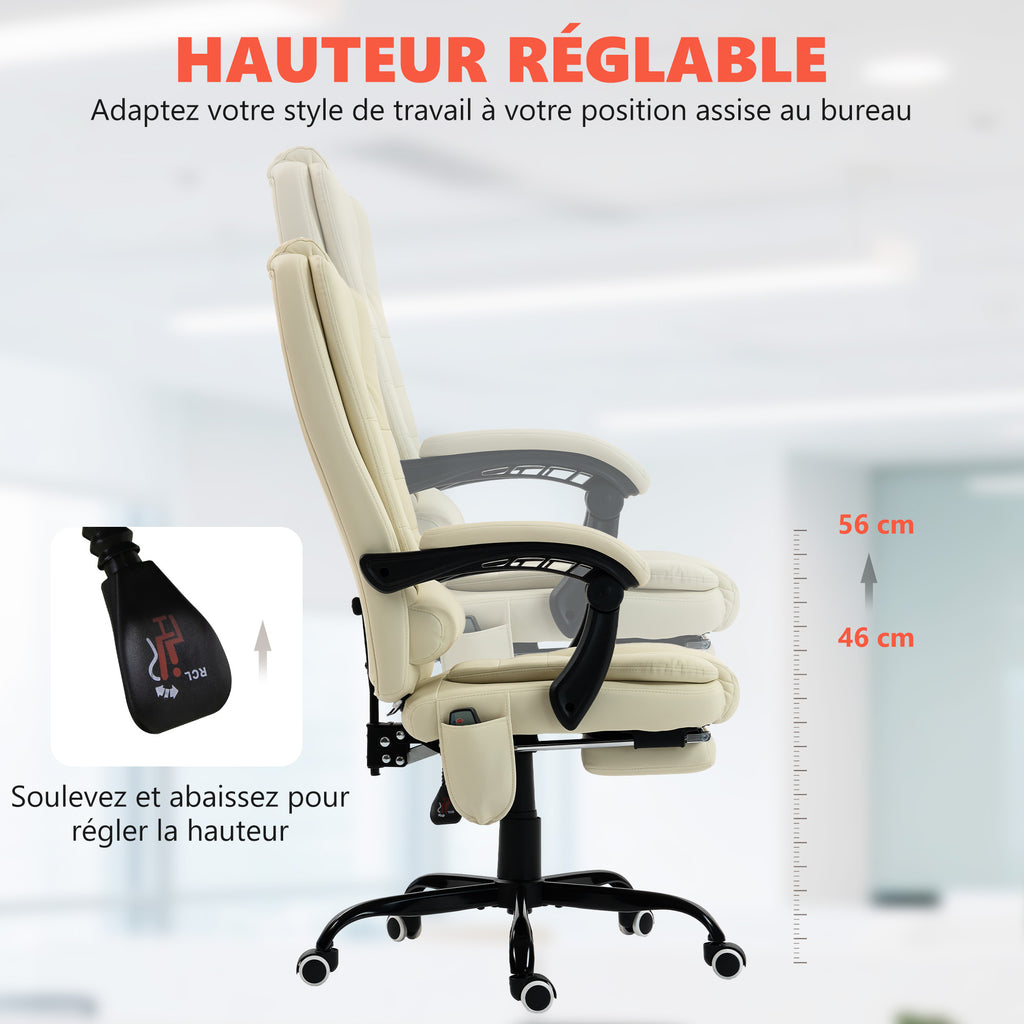 Fauteuil de bureau massant, chaise de bureau avec hauteur réglable, dossier inclinable et télécommande filaire, beige-5