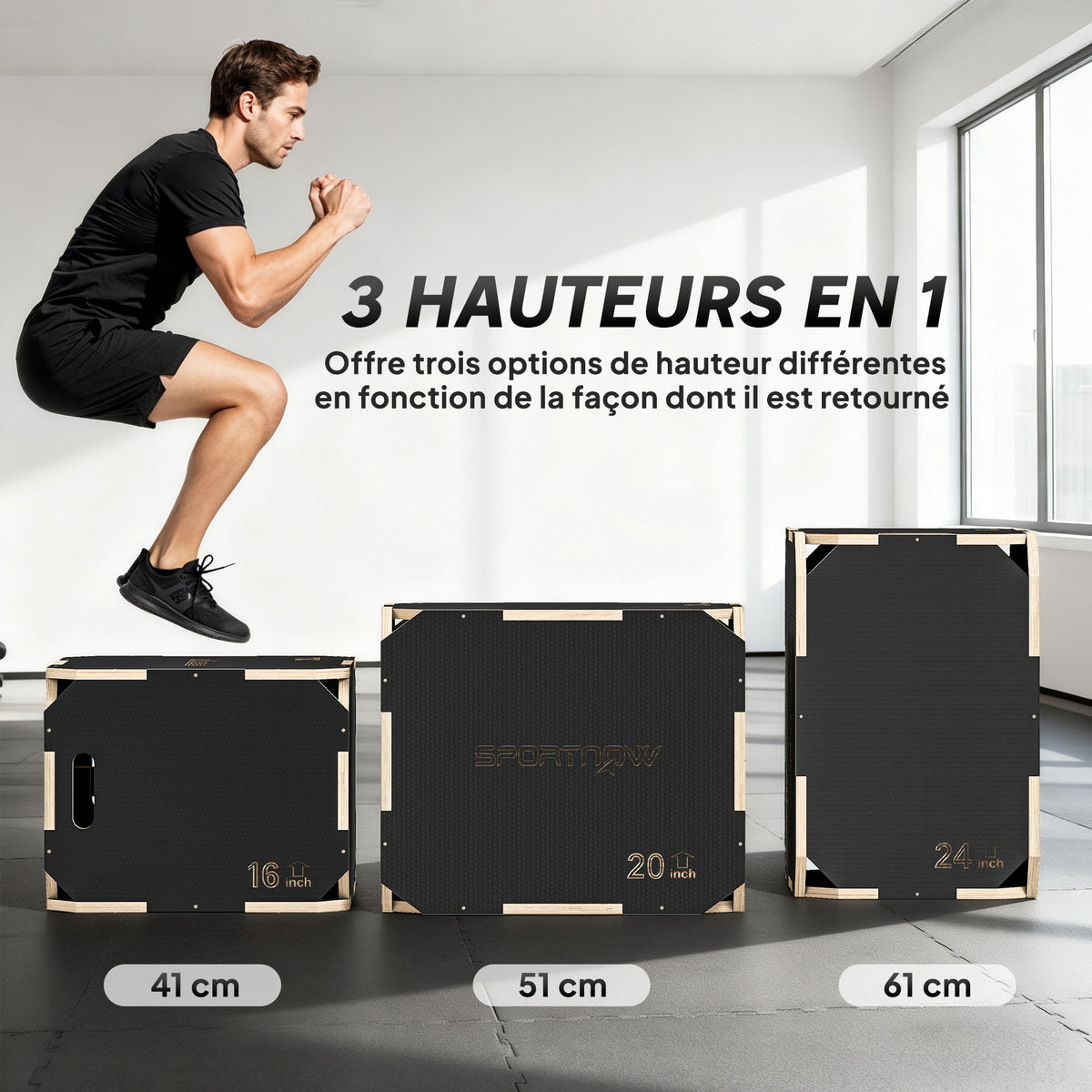 Boîte pliométrique 3 en 1 en bois pour entraînement au saut antidérapant et sans coins noir-4
