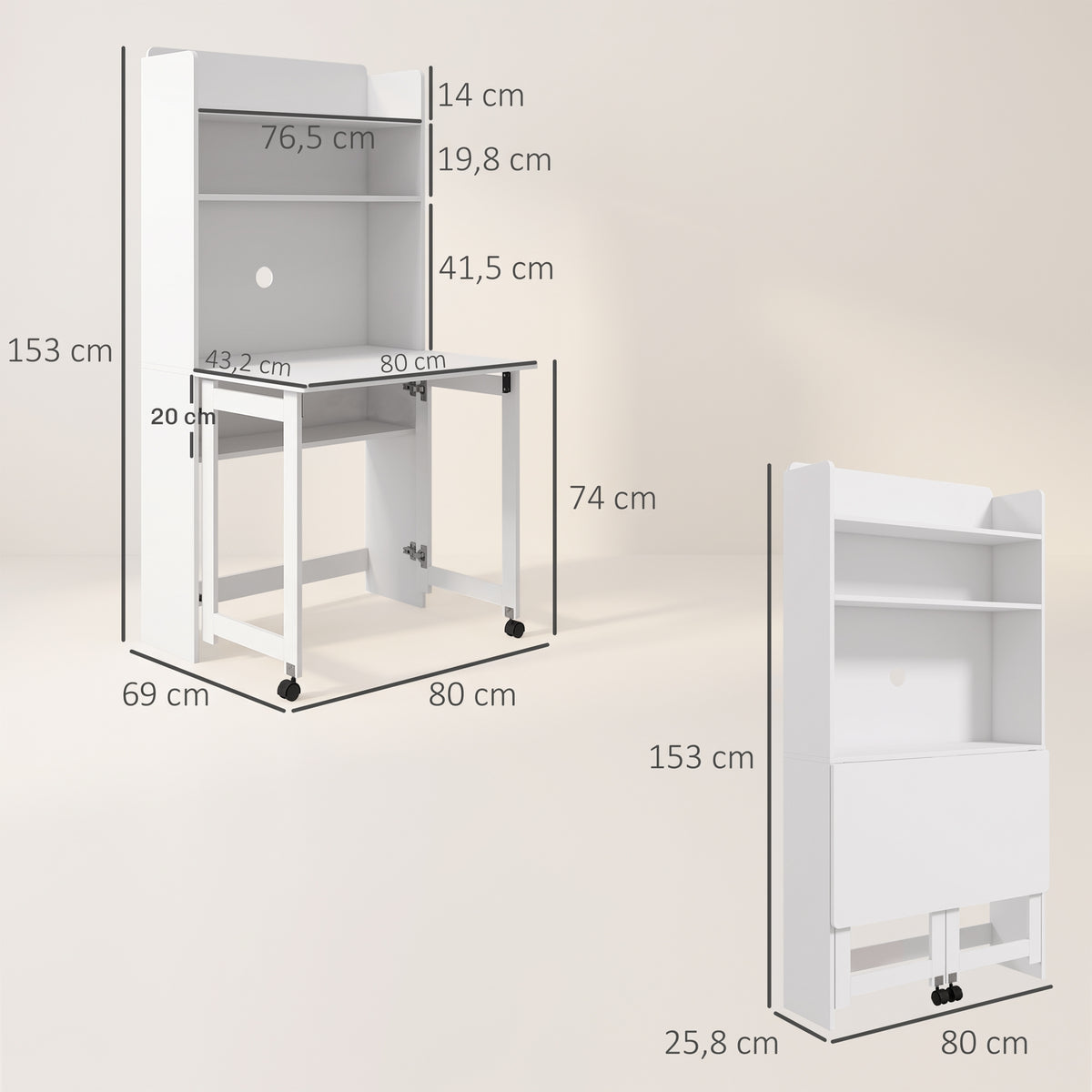 Bureau informatique avec étagères de rangement plateau rabattable 2 roulettes pour chambre salon 80 x 69 x 155 cm blanc-2