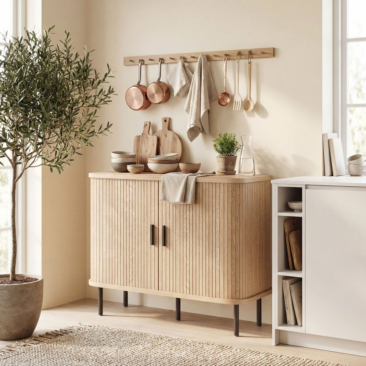 Buffet salon, meuble de rangement avec 2 portes coulissantes en tambour à lattes et 4 compartiments, chêne-1