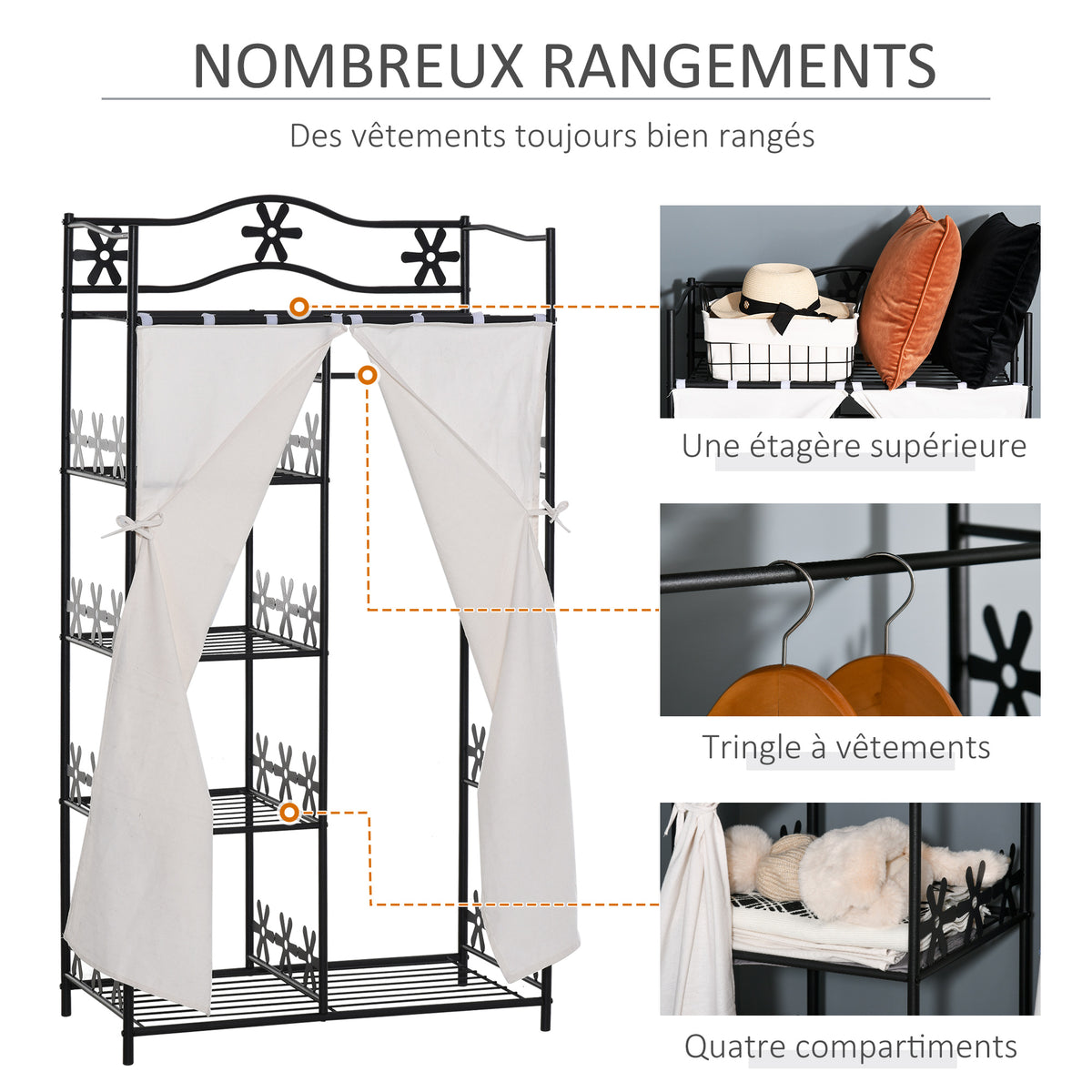 Armoire Chambre adulte Penderie Vêtement Dressing Multi Rangements 5 étagères 84L x 42l x 159H cm métal Noir 2 Rideaux Blanc-3
