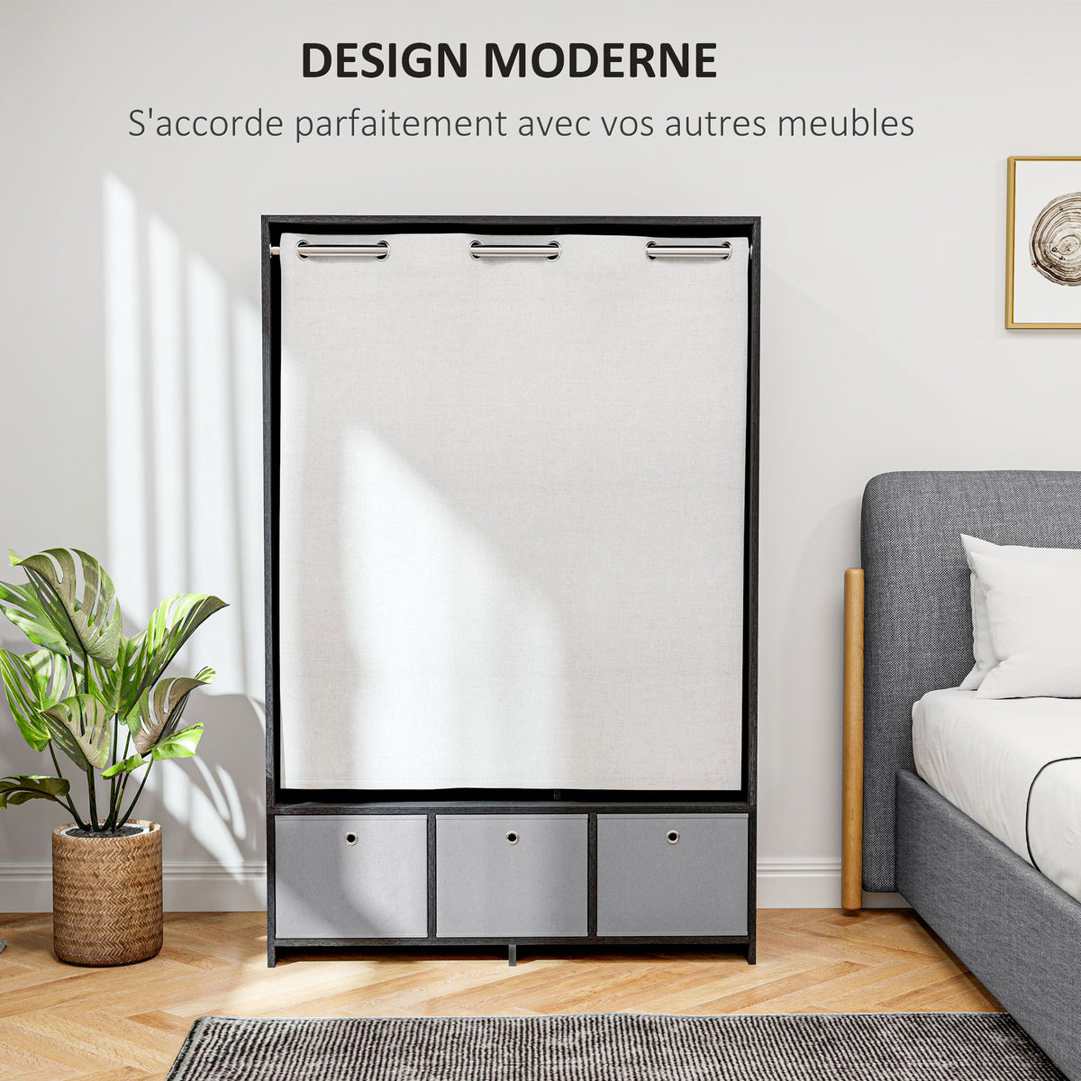 Armoire penderie armoire de rangement avec tringle rideaux 3 niches et 3 tiroirs en tissu amovibles 105 x 48 x 160 cm-3