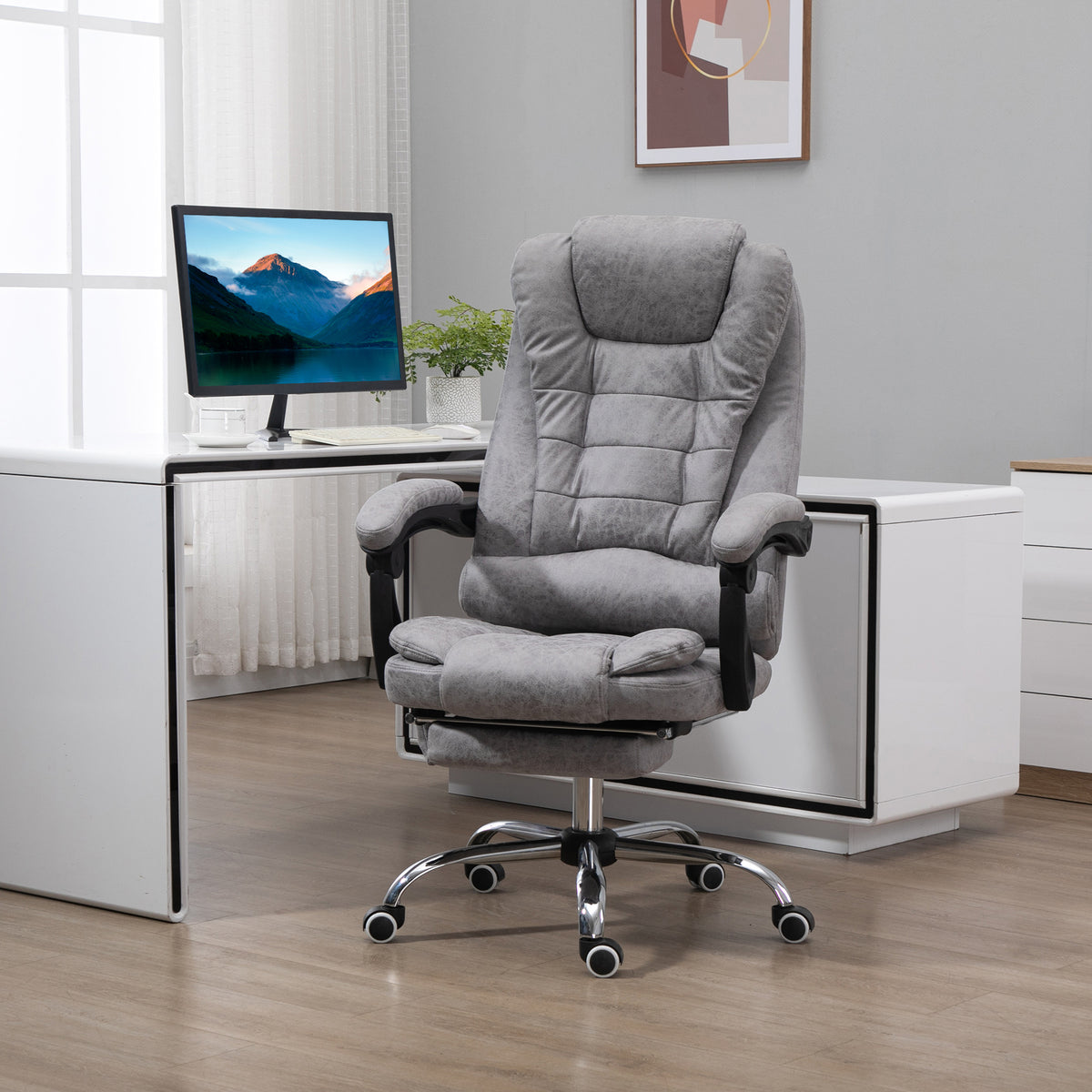 Fauteuil de bureau direction massant chauffant hauteur réglable dossier inclinable toile de microfibre gris-1