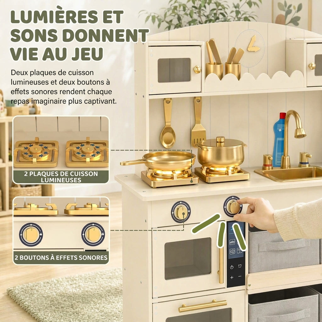 Cuisine Enfant, Cuisine en Bois Enfant Dinette, Effet Lumières et Sons, 4 Bacs en Tissu, 12 Accessoires, 3-6 Ans, Crème-4