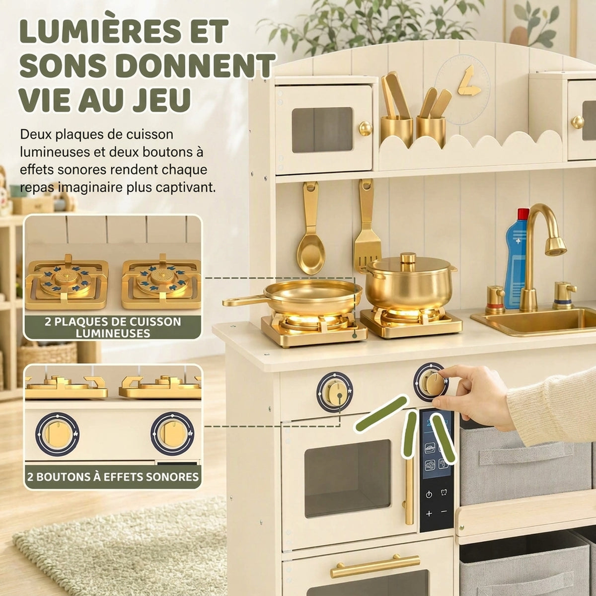 Cuisine Enfant, Cuisine en Bois Enfant Dinette, Effet Lumières et Sons, 4 Bacs en Tissu, 12 Accessoires, 3-6 Ans, Crème-4