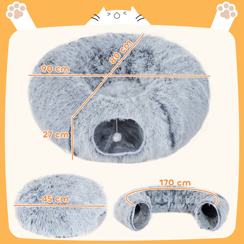 Tunnel pour Chat Intérieur avec Lit de Chat en Forme de Donut, Coussin Circulaire Lavable, 90x80x27cm, Gris Clair-2