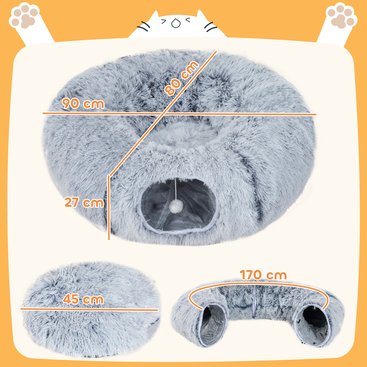 Tunnel pour Chat Intérieur avec Lit de Chat en Forme de Donut, Coussin Circulaire Lavable, 90x80x27cm, Gris Clair-2