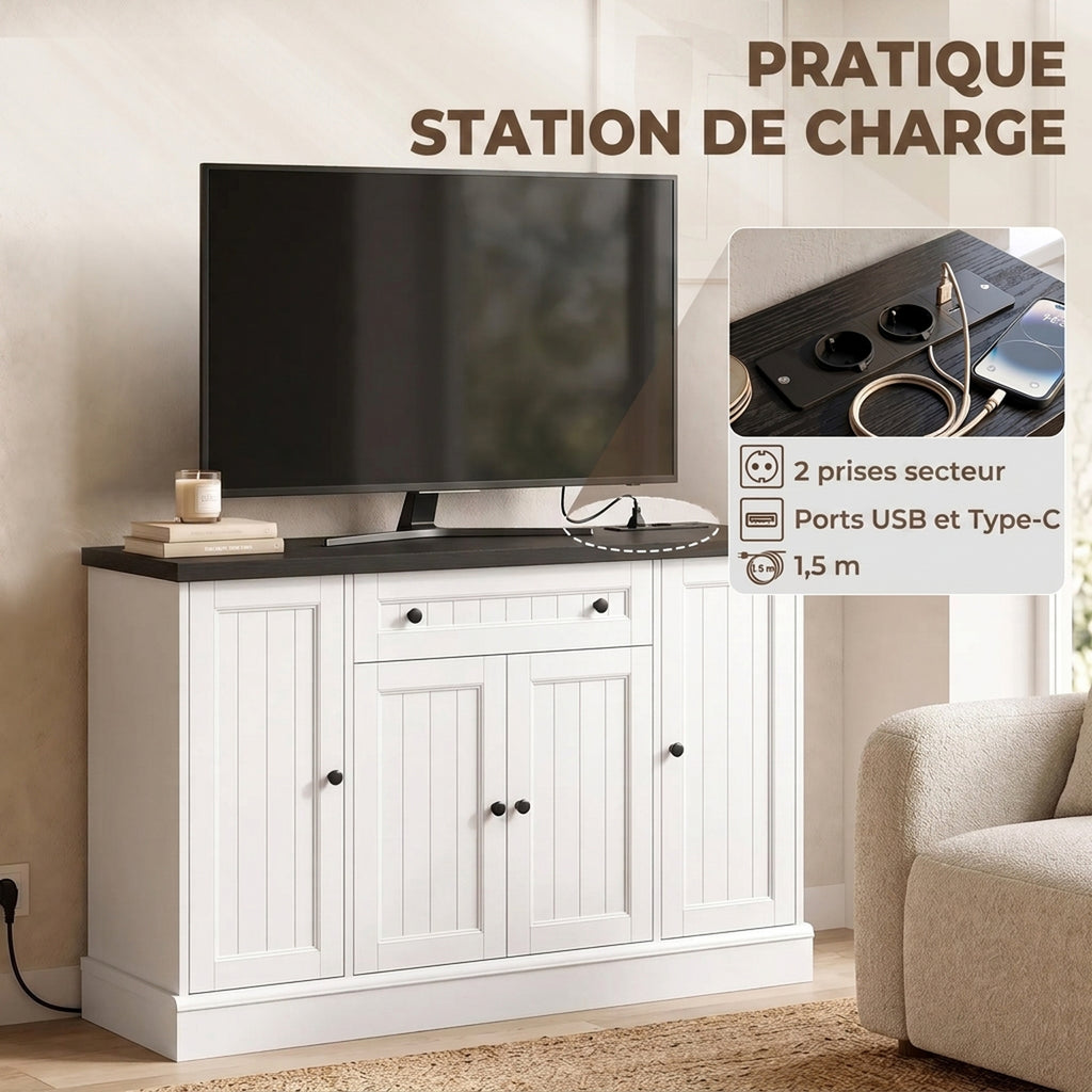 Buffet Salon avec Station de Charge, Meuble de Rangement avec 4 Portes, Tiroir, Étagères Réglables, Blanc et Noir-3