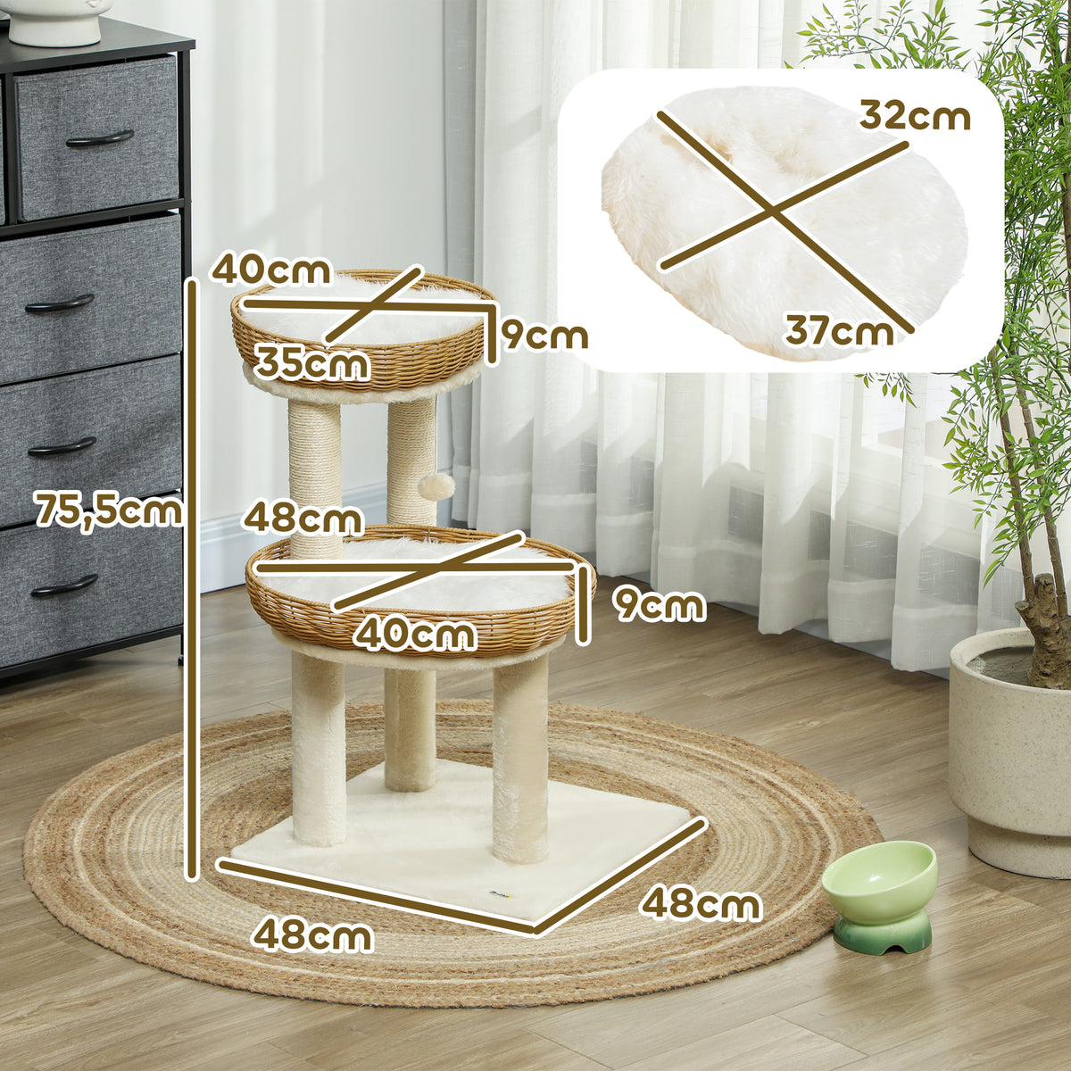Arbre à chat arbre à grimper hauteur de 75,5 cm avec deux lits pour chat en rotin griffoirs coussins lavables beige-2
