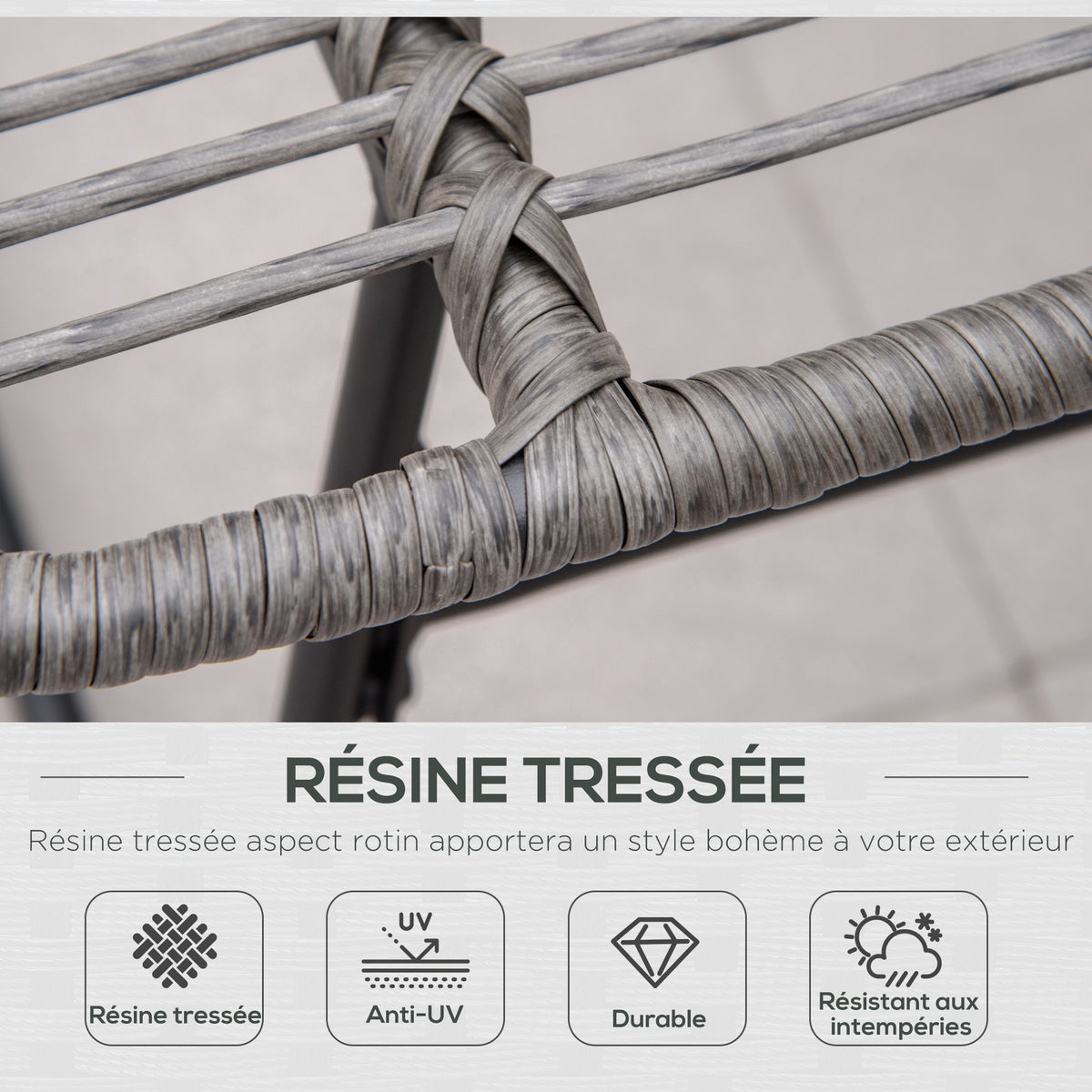 Fauteuil chaise de jardin avec repose-pieds en métal époxy et résine tressée aspect rotin avec coussins-3