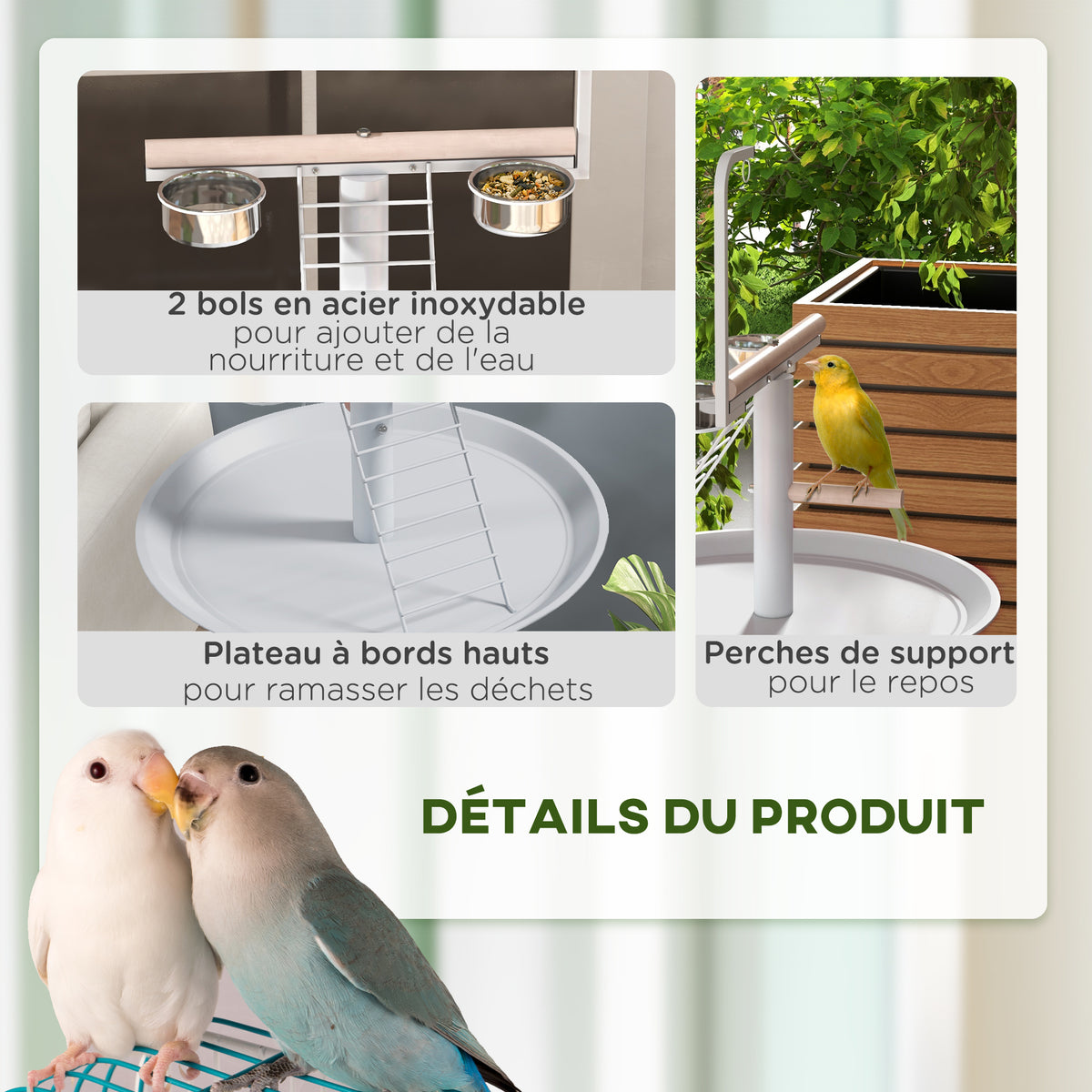 Mangeoire à oiseaux sur pied avec 4 roulettes perchoir 2 bols amovibles plateau rond acier inoxydable Ø 60 x 138H cm blanc-5