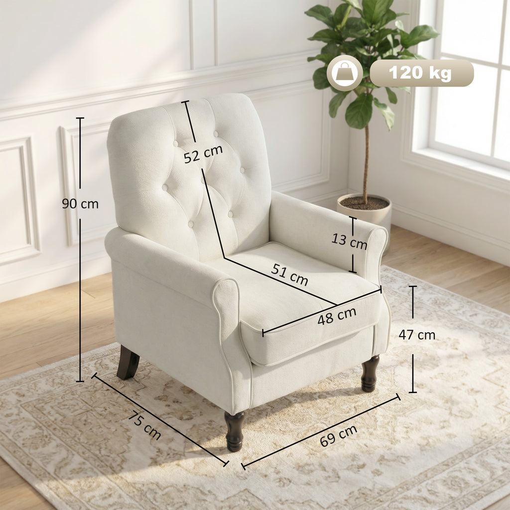 Fauteuil de salon, canapé 1 place avec assise rembourrée épaisse, coussin à ressorts, tissu en lin, 69x75x90cm, crème-2