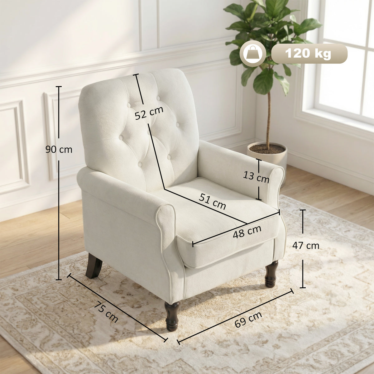 Fauteuil de salon, canapé 1 place avec assise rembourrée épaisse, coussin à ressorts, tissu en lin, 69x75x90cm, crème-2