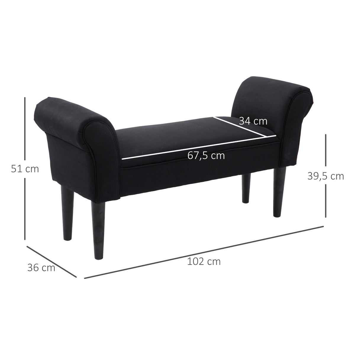 Banc Entrée Bout de Lit Rembourré pour Chambre à Coucher, Tissu à Voile, 102 x 36 x 51 cm, Noir-2