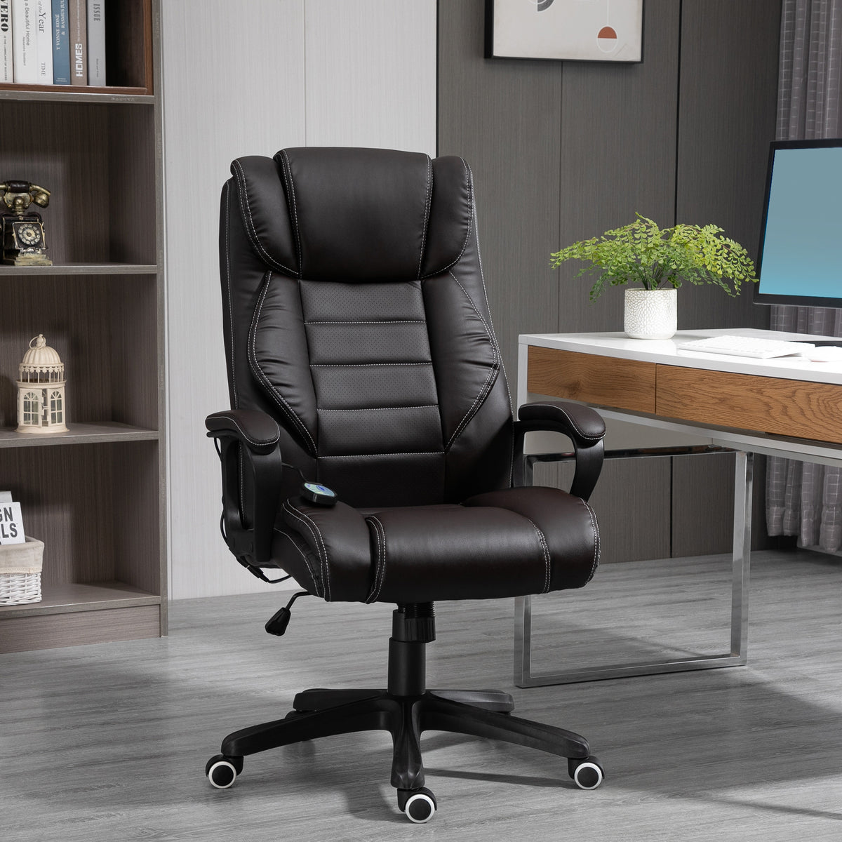 Fauteuil de bureau massant  fauteuil bureau ergonomique grand confort hauteur réglable fonction dossier à bascule revêtement synthétique brun-1