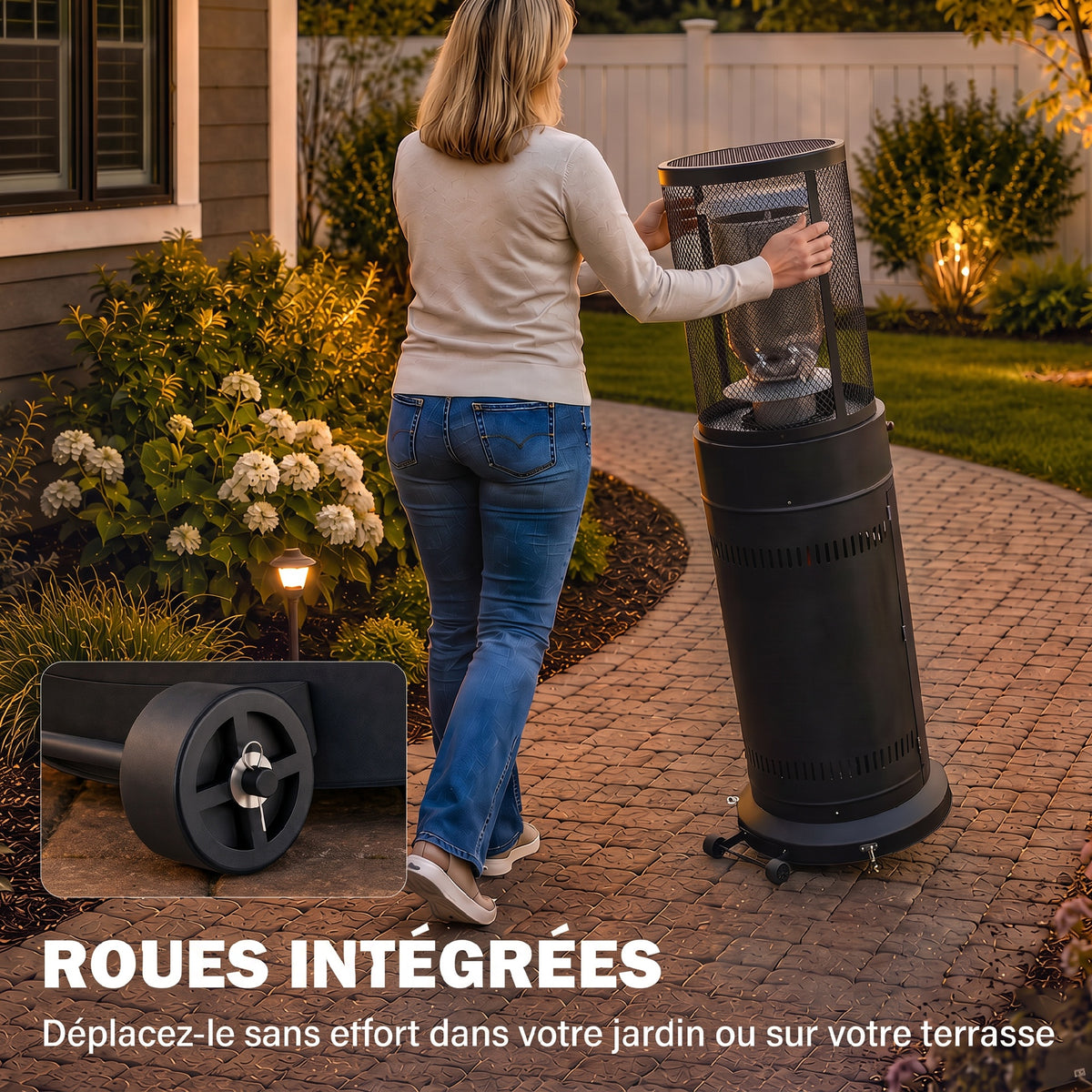 Parasol Chauffant Gaz 11 kW 30 m² Roulettes, Réglage Continu, Grille de Protection, Anti-surchauffe, 52x46x137cm, Noir-6