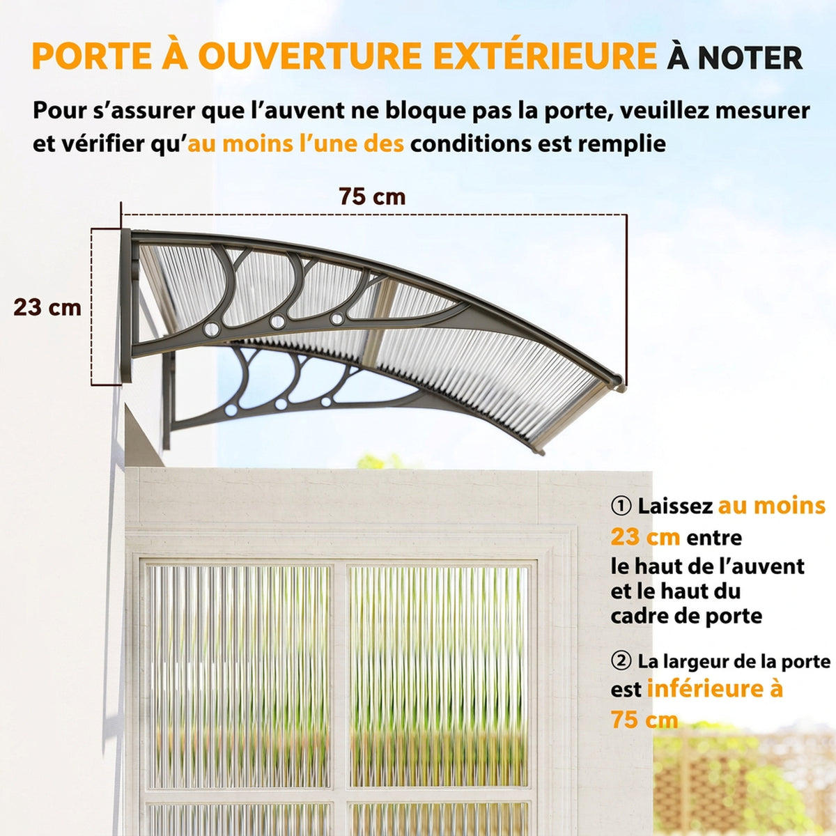 Auvent de Porte d'Entrée, Toit Marquise de Porte Extérieur en Polycarbonate et Aluminium Résistant 100x75cm, Transparent-6