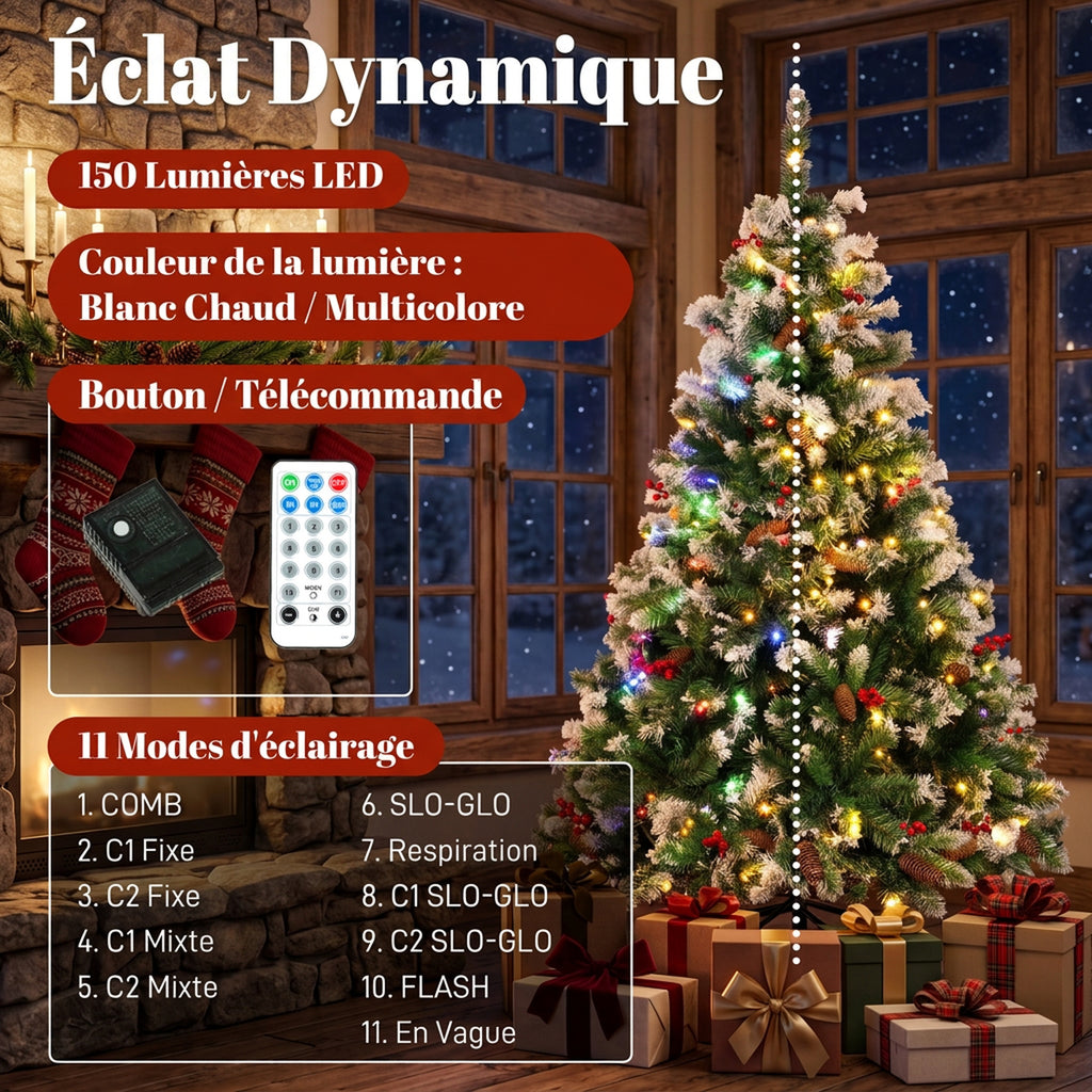 Sapin de Noël Artificiel Lumineux et Enneigé 120cm, Arbre de Noël, Télécommande, 11 Modes d'Éclairage, 150 LED, Vert-4