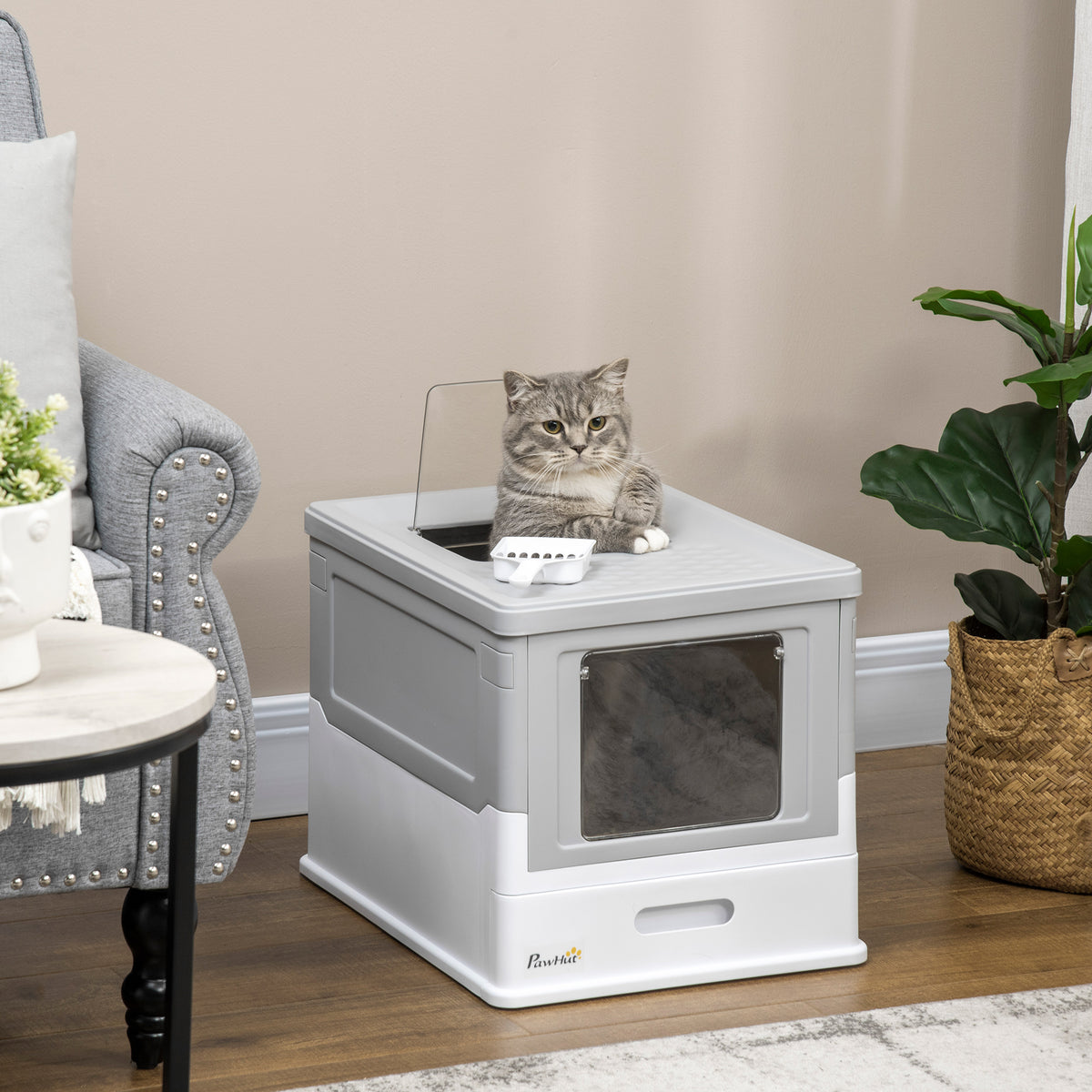 Maison de toilette pour chat pliable double porte battante et supérieure pelle fourni 47,5 x 35,5 x 36,7 cm gris-1