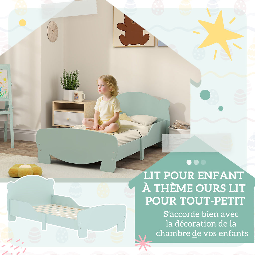 Lit enfant 70x140 cm avec barrières de sécurité thème d'ours pour garçons, filles, âgés de 3 à 6 ans, vert-5