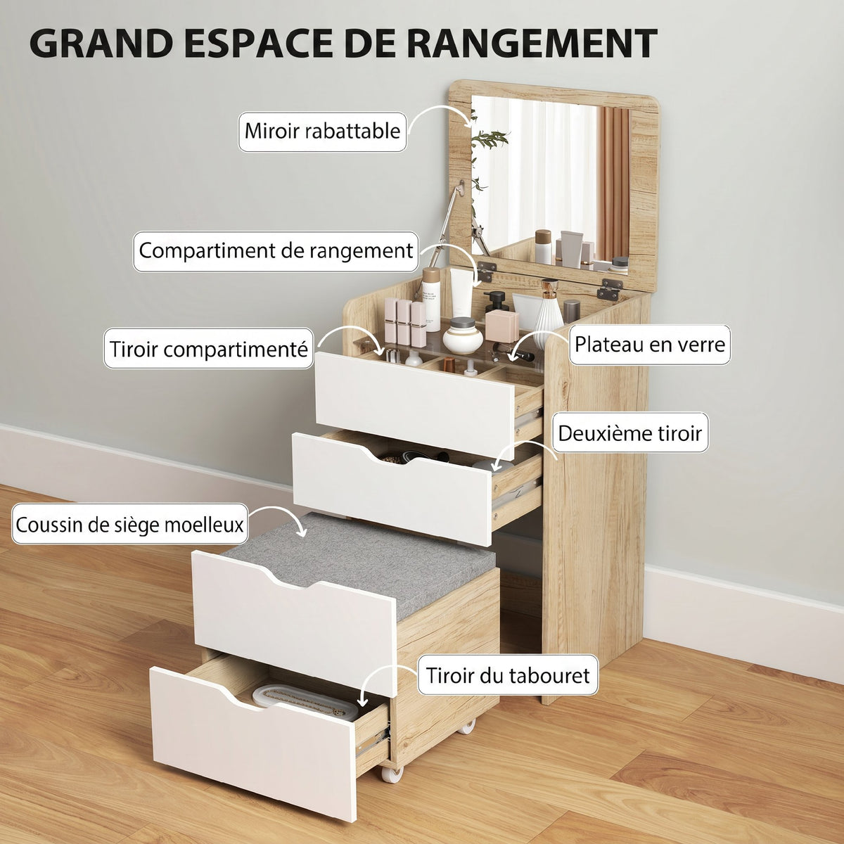 Coiffeuse avec miroir rabattable et tabouret de rangement, table de maquillage, 2 tiroirs, siège rembourré, chêne blanc-4