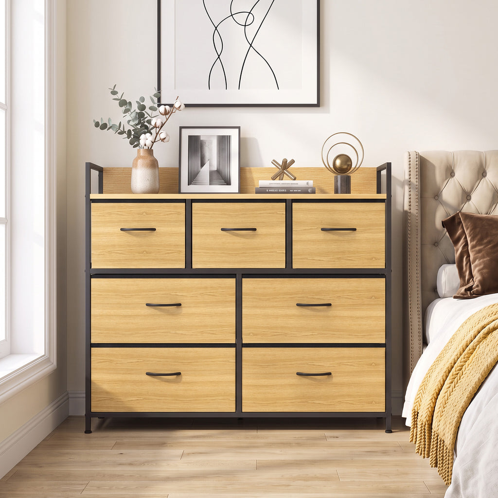 Commode 7 Tiroirs en Tissu Pliables, Commode Chambre Adulte avec Plateau Supérieur et Cadre en Acier, chêne-7