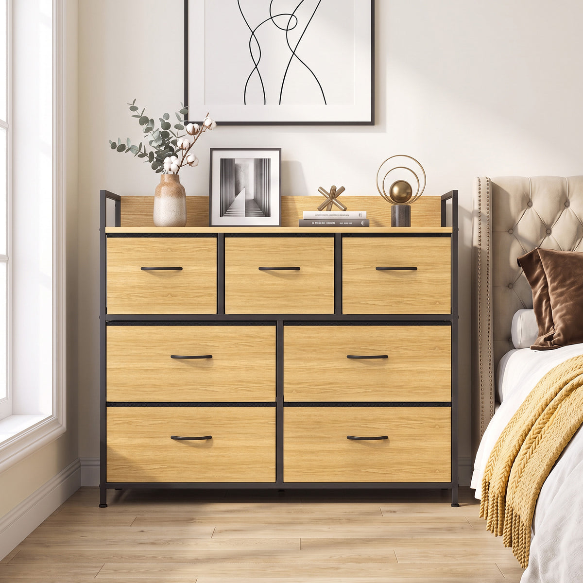 Commode 7 Tiroirs en Tissu Pliables, Commode Chambre Adulte avec Plateau Supérieur et Cadre en Acier, chêne-7