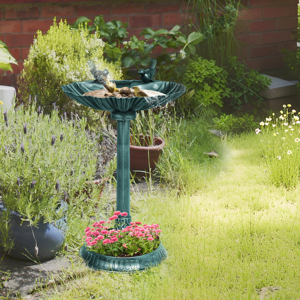 Bain d'oiseaux abreuvoir antique 81 cm avec base de jardinière, mangeoire et bassin à oiseaux sur pied, bronze vert-1