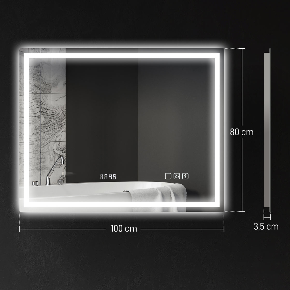 Miroir salle de bain LED bluetooth 80 x 100 cm interrupteur tactile lumière réglable 3 couleurs anti-buée mémoire argent-2