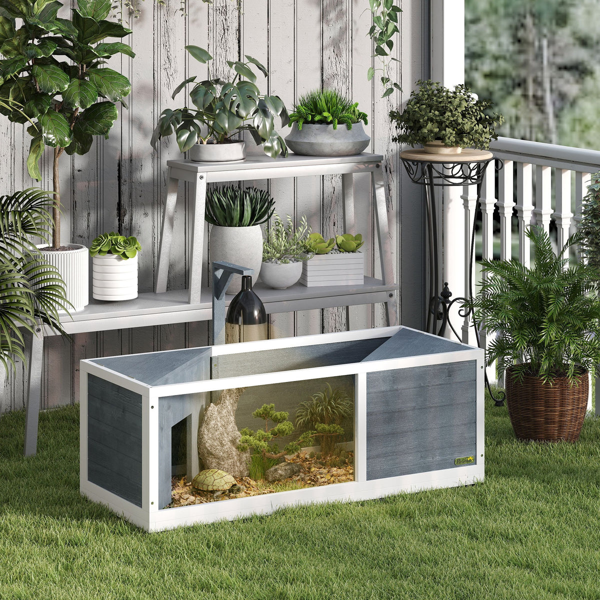 Maison pour tortues enclos avec toit ouvrant support lampe plateau fenêtre panoramique 120 x 50 x 40 cm gris-1