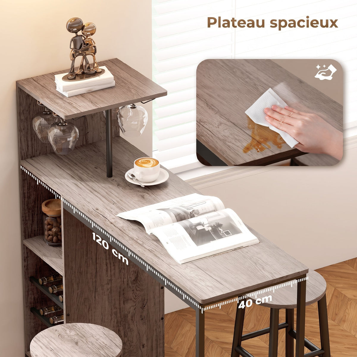 Ensemble table de bar avec tabourets, table à manger debout avec 2 chaises de bar étagères, casiers à vin, gris-4