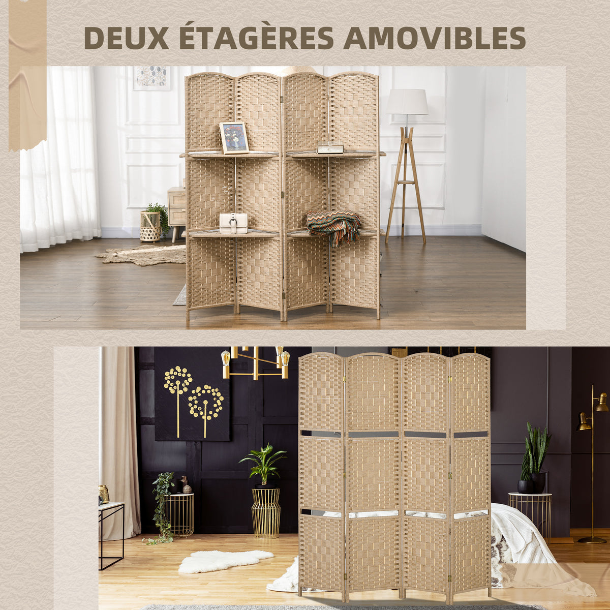 Paravent séparateur de pièce 4 panneaux 160 x170 cm avec 2 étagères, pliable, en bois-4