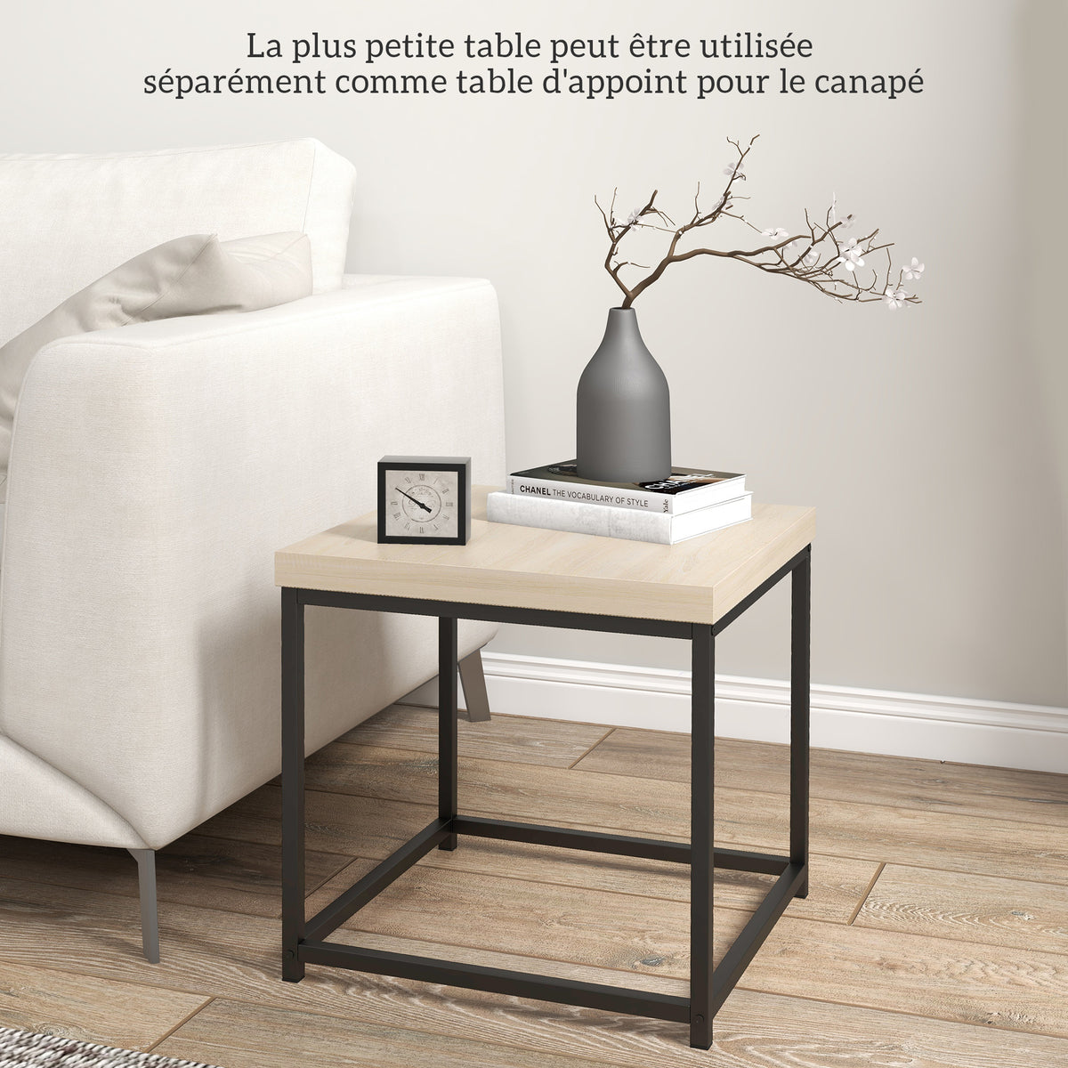 Lot de 2 tables gigognes tables basses carrées tables de salon cadre en acier et plateaux en panneaux de particules-4