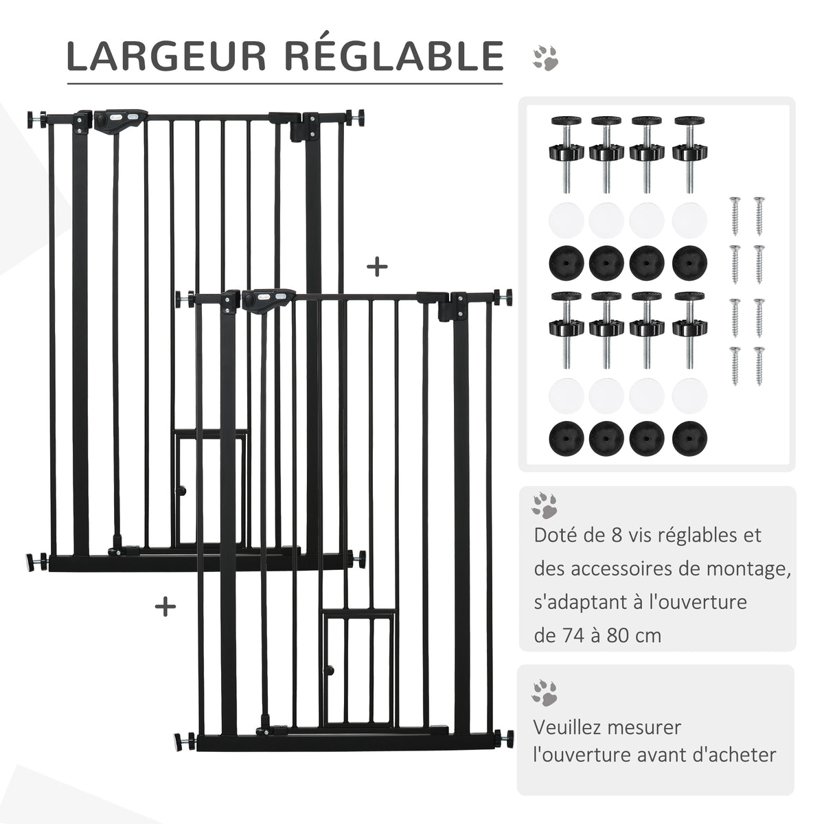 Lot de 2 barrières de sécurité animaux de 104H cm avec système de double verrouillage sans percage de 74 à 80 cm-5