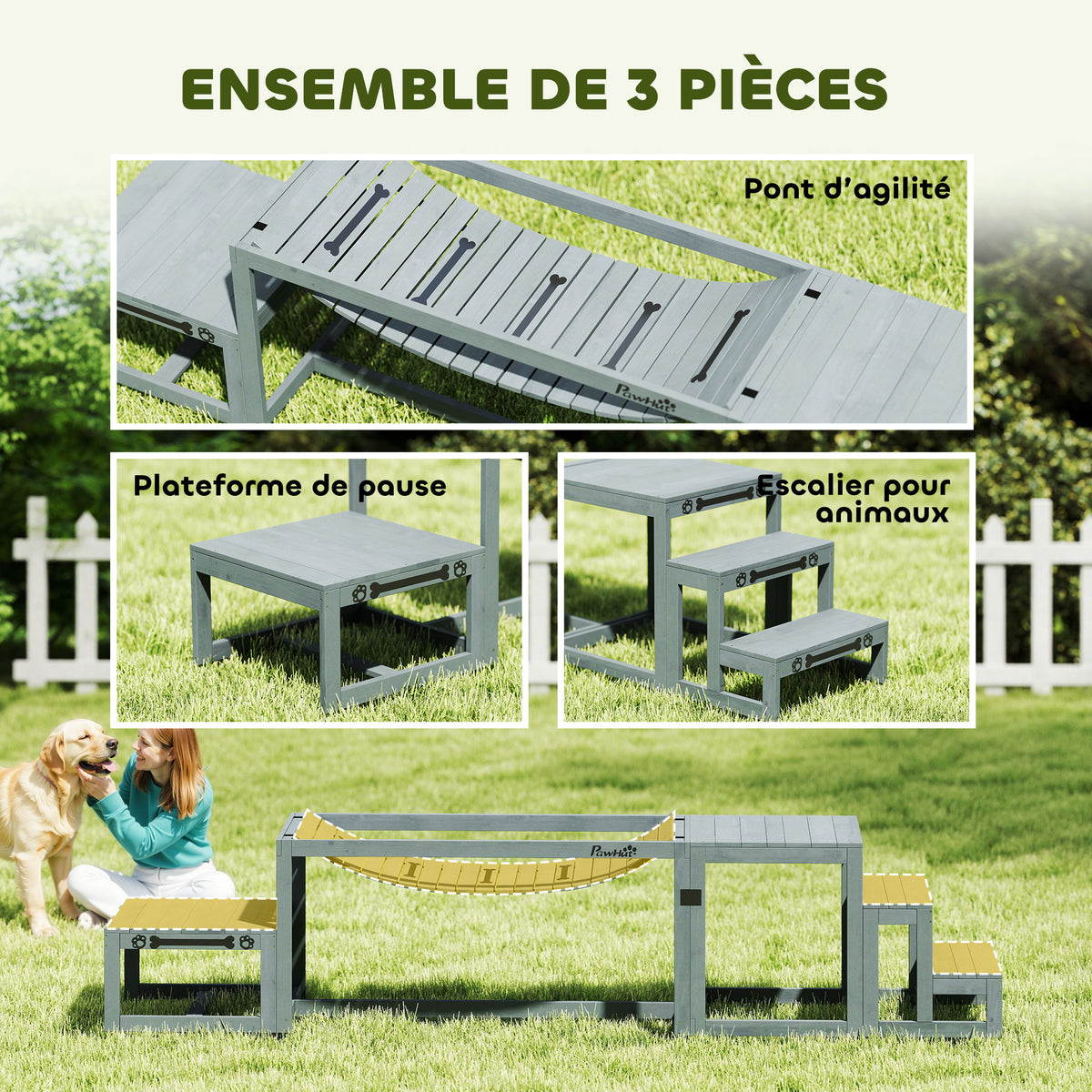 Équipements d'entraînement agilité pour chien kit d'équipement d'agilité pour chien 3 pièces en bois massif gris-3