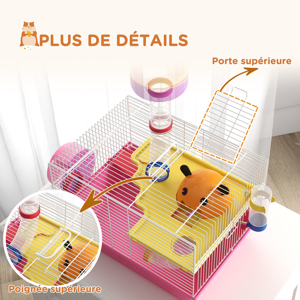 Cage à hamster rat rongeur multicolore avec plateforme, biberon eau, roue, maisonnette, 34 x 27 x 25 cm, rose-7
