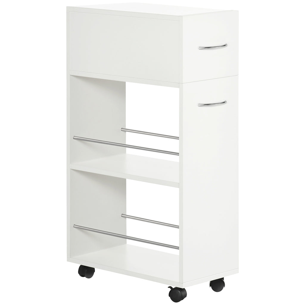 Chariot de cuisine avec 1 tiroir et 2 étagères ouvertes sur roulettes pour 25 x 50 x 85 cm Blanc-0