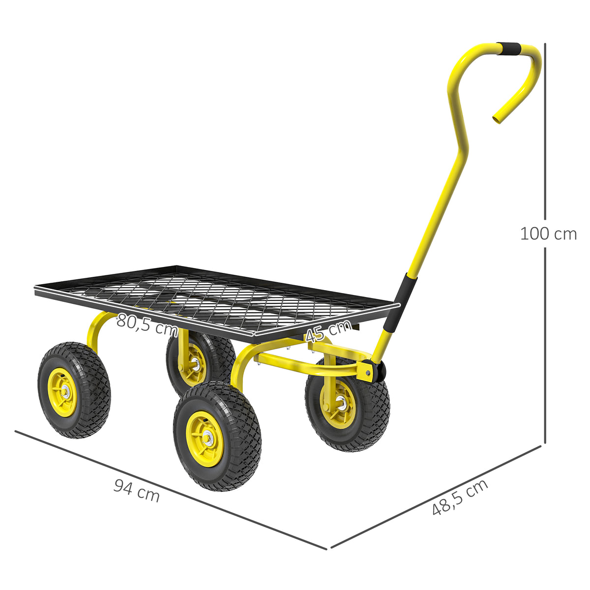 Chariot de transport jardin remorque à main charrette à bras 4 roues 94 x 48,5 x 100 cm charge max. 150 Kg métal jaune-2