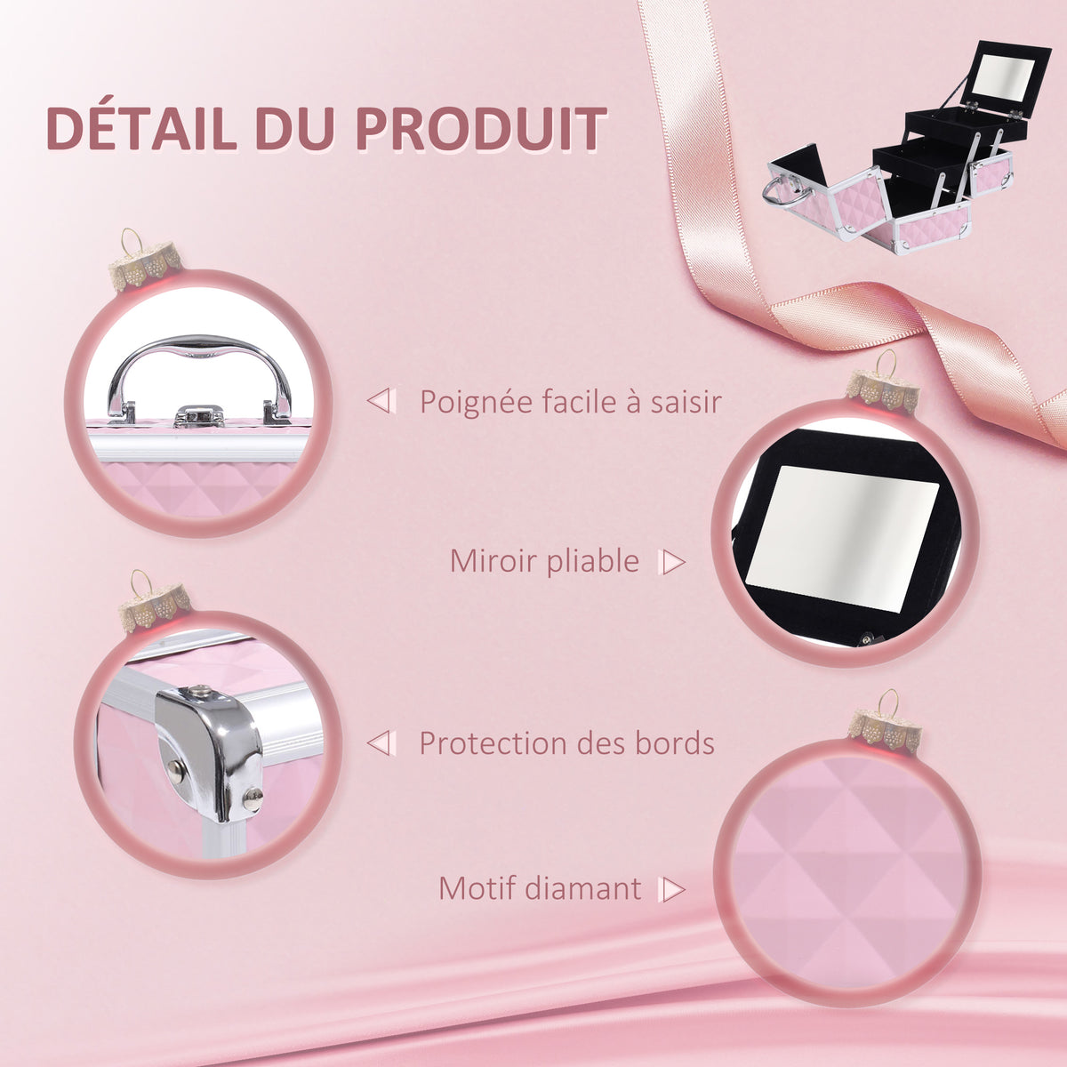 Mallette à maquillage rangement à 3 niveaux avec miroir verrouillage avec 2 clés dim. 20L x 15l x 15H cm rose-4