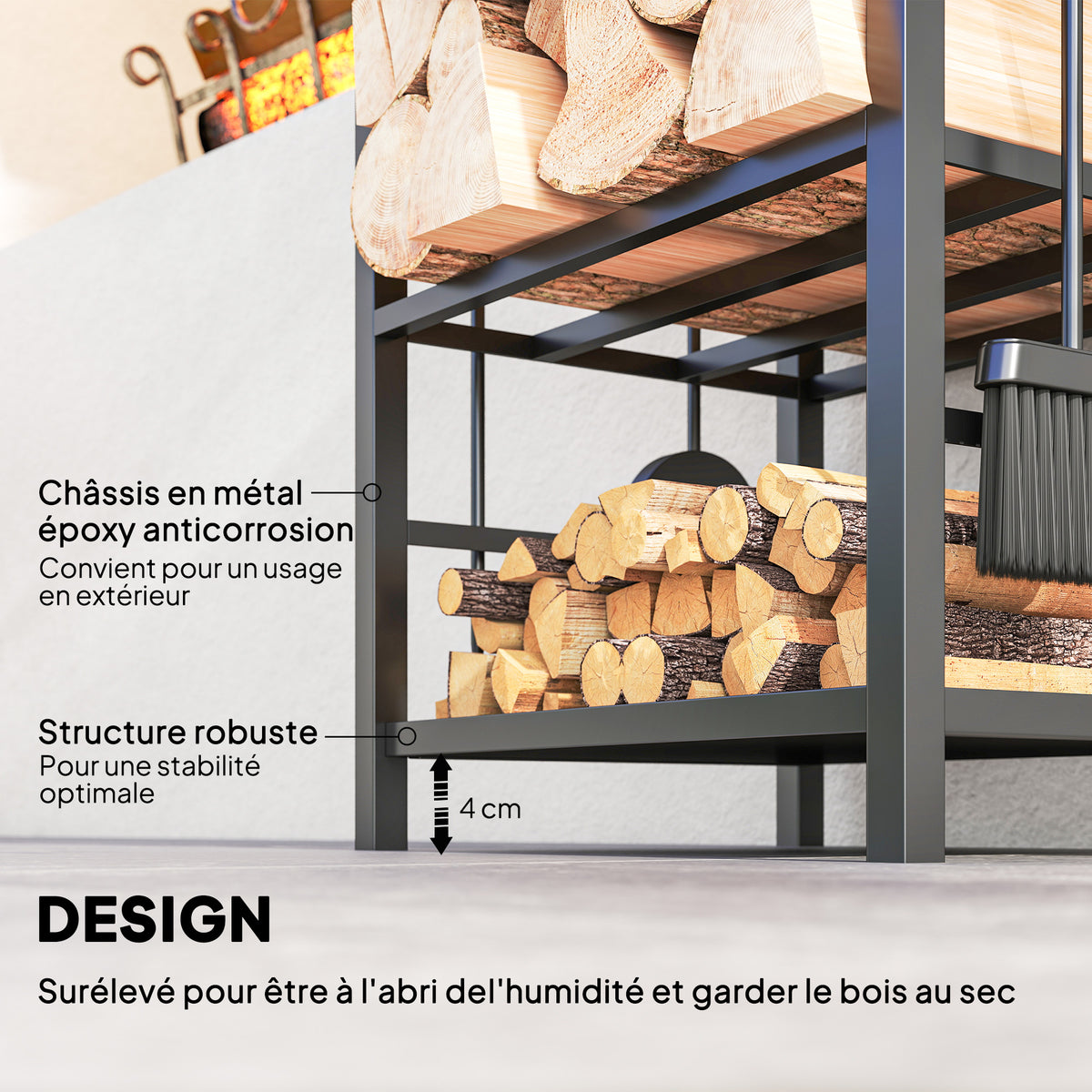 Porte bûches - Range bûches Serviteur de cheminée - Multi Accessoires 2 étagères 40L x 30l x 75H cm métal Noir-5