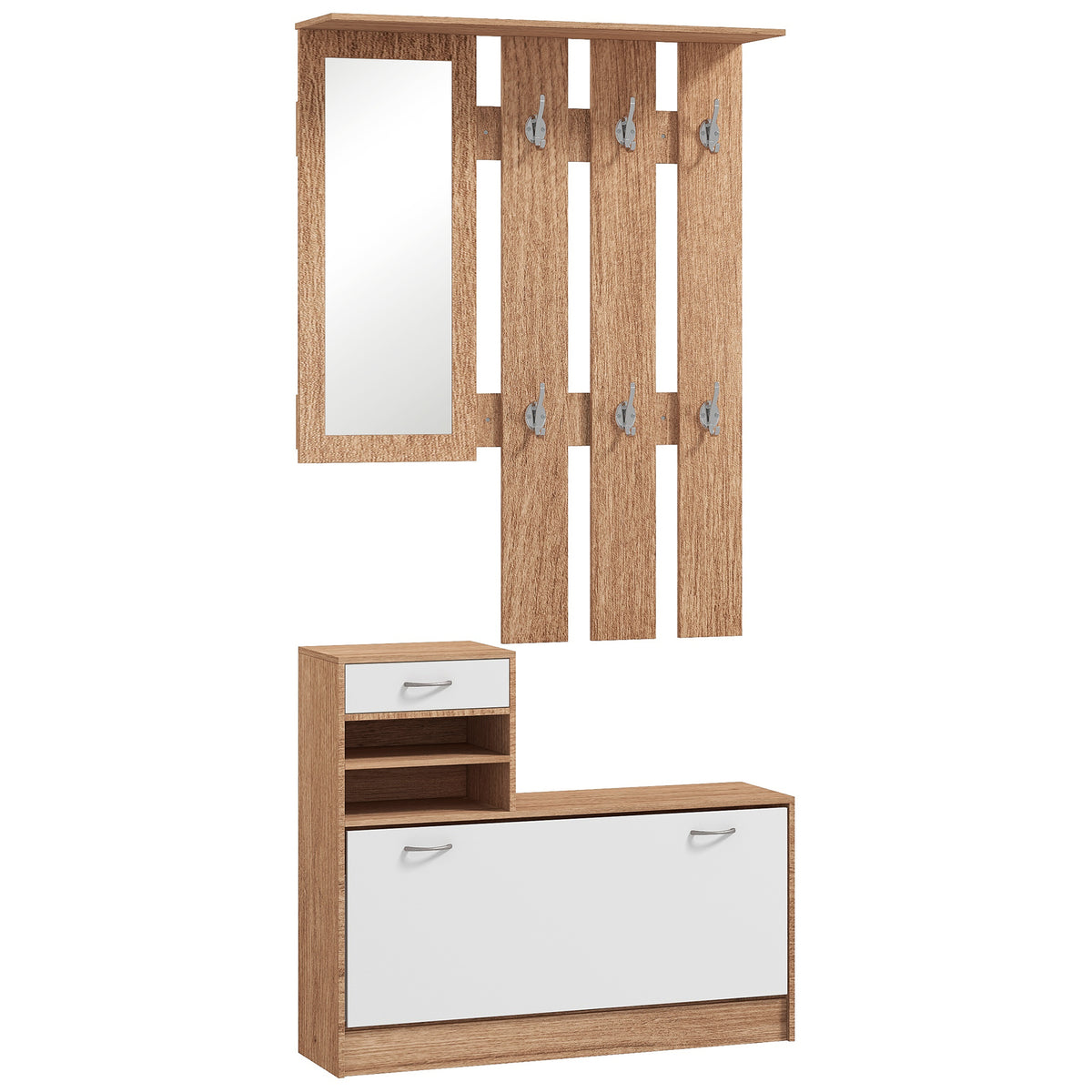 Meuble d'entrée vestiaire avec panneau porte-manteau, miroir et banc à chaussures - 6 crochets et étagère réglable-0