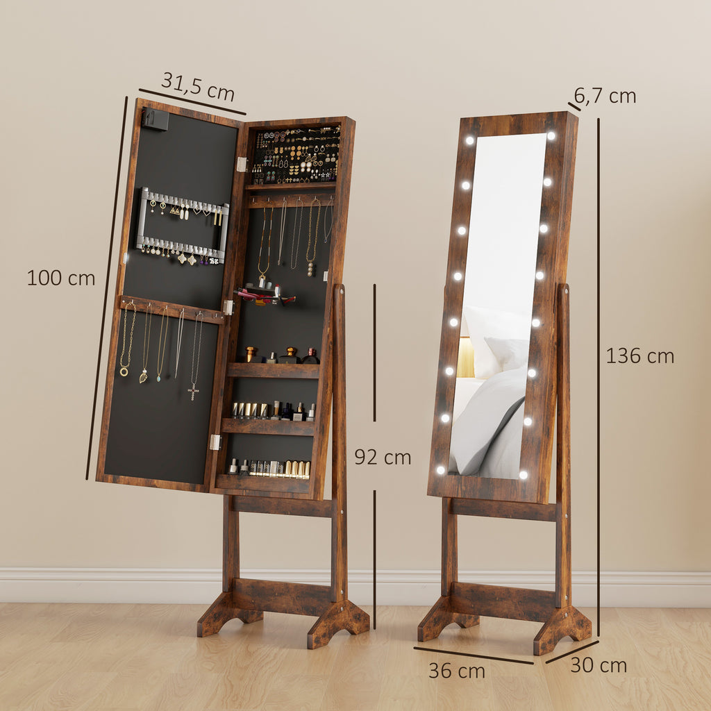 Armoire à bijoux armoire de rangement sur pieds boîte à bijoux avec miroir multi-rangements éclairage LED brun rustique-2