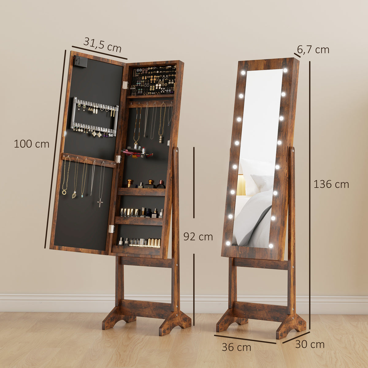 Armoire à bijoux armoire de rangement sur pieds boîte à bijoux avec miroir multi-rangements éclairage LED brun rustique-2